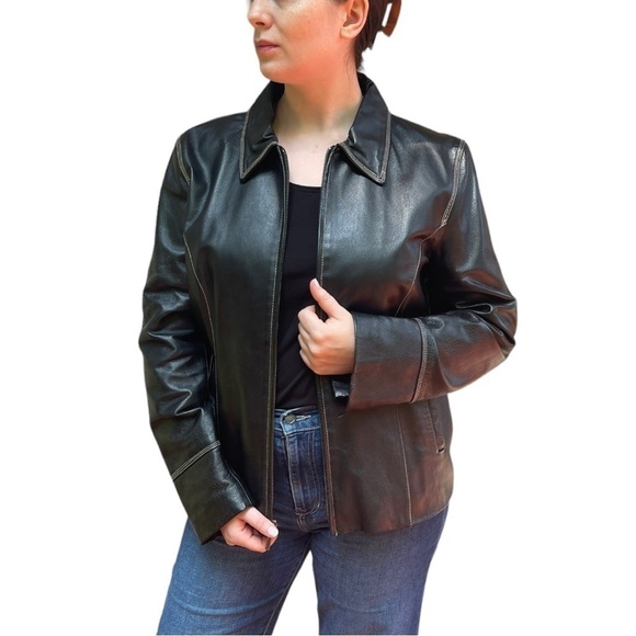 VINTAGE COLEBROOK 90S BLACK LEATHER STITCHED CLASSIC COLLARED ZIP UP MOTO JACKET - Picture 1 of 16
